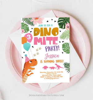 Editable Gold Dinosaur Birthday Invitation ANY AGE Dino Party T-Rex Prehistoric Rawr Girl Pink Gold Download Printable Corjl Template 0074