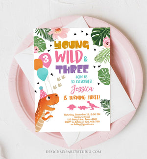 Editable Young Wild and Three Dinosaur Birthday Invitation Dinosaur Party Girl Pink Gold Third Birthday 3rd Corjl Template Digital 0074