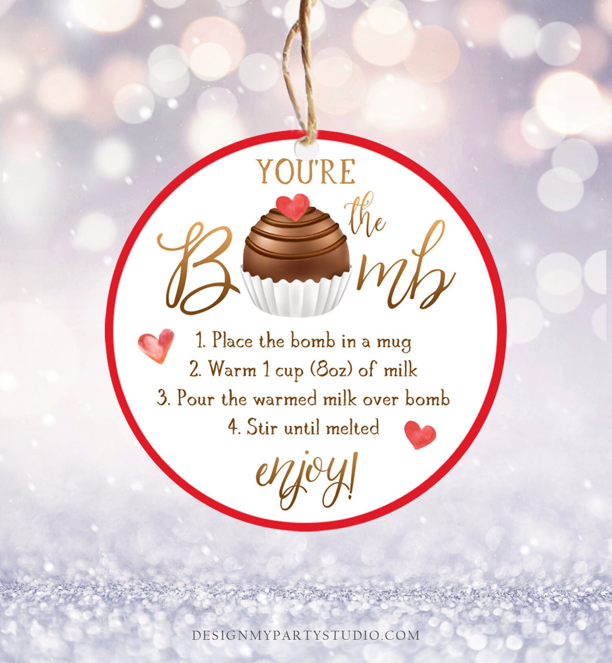 Editable Hot Chocolate Bomb Tag Valentine&#39;s Day Hot Cocoa Bomb You&#39;re The Bomb Heart Pink Valentine Gift Tag Digital Download Printable 0370