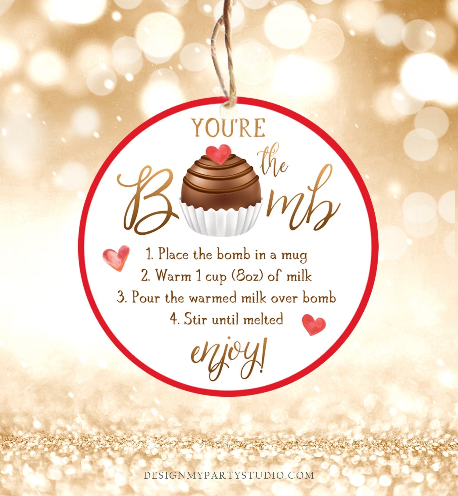 Editable Hot Chocolate Bomb Tag Valentine's Day Hot Cocoa Bomb You're The Bomb Heart Pink Valentine Gift Tag Digital Download Printable 0370
