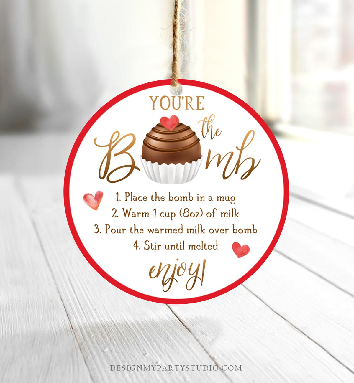 Editable Hot Chocolate Bomb Tag Valentine&#39;s Day Hot Cocoa Bomb You&#39;re The Bomb Heart Pink Valentine Gift Tag Digital Download Printable 0370