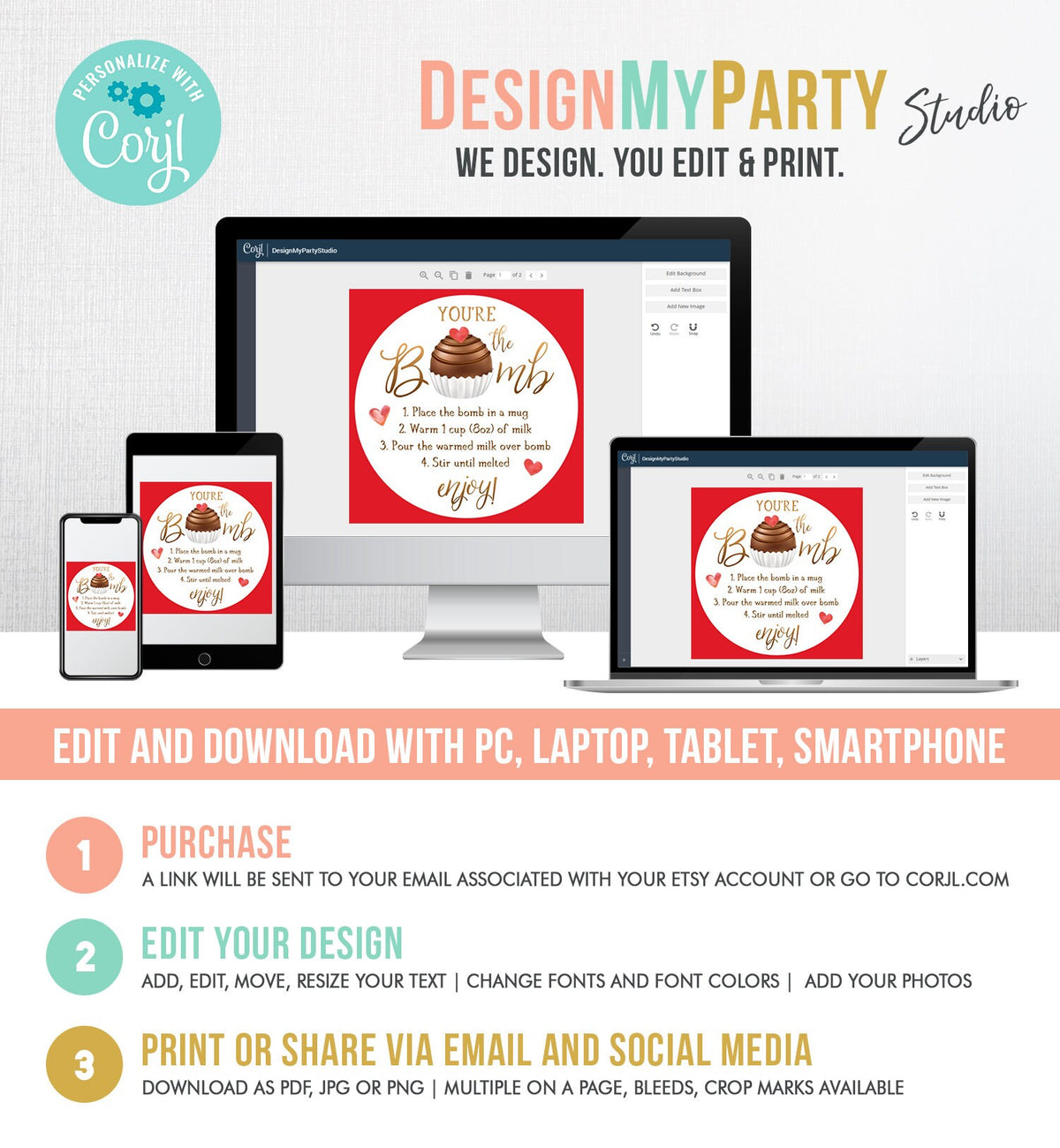 Editable Hot Chocolate Bomb Tag Valentine&#39;s Day Hot Cocoa Bomb You&#39;re The Bomb Heart Pink Valentine Gift Tag Digital Download Printable 0370