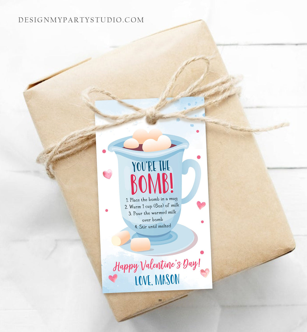 Editable Hot Chocolate Bomb Tag Valentine&#39;s Day Hot Cocoa Bomb You&#39;re The Bomb Heart Pink Valentine Gift Tag Digital Download Printable 0370