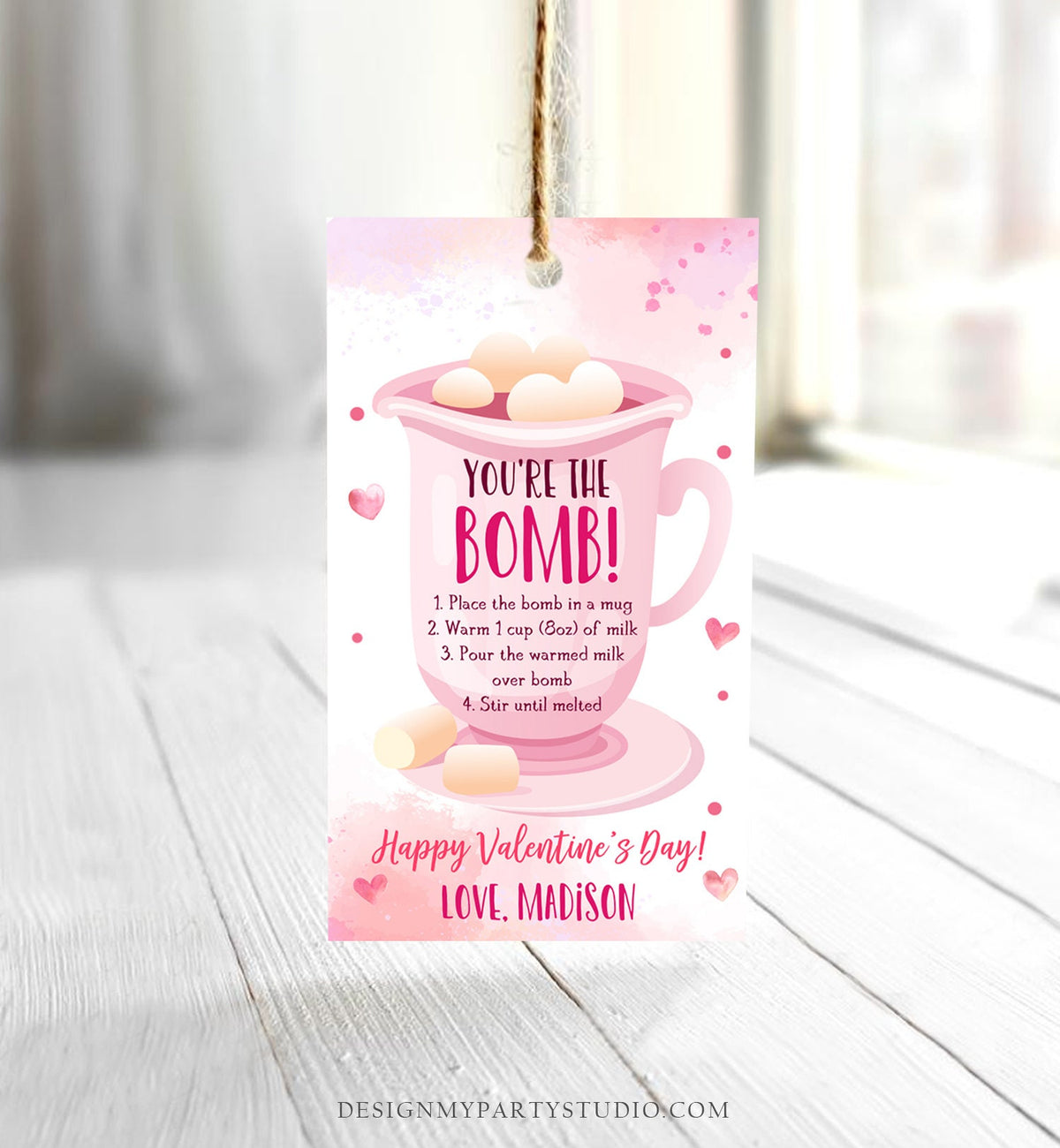 Editable Hot Chocolate Bomb Tag Valentine&#39;s Day Hot Cocoa Bomb You&#39;re The Bomb Heart Pink Valentine Gift Tag Digital Download Printable 0370