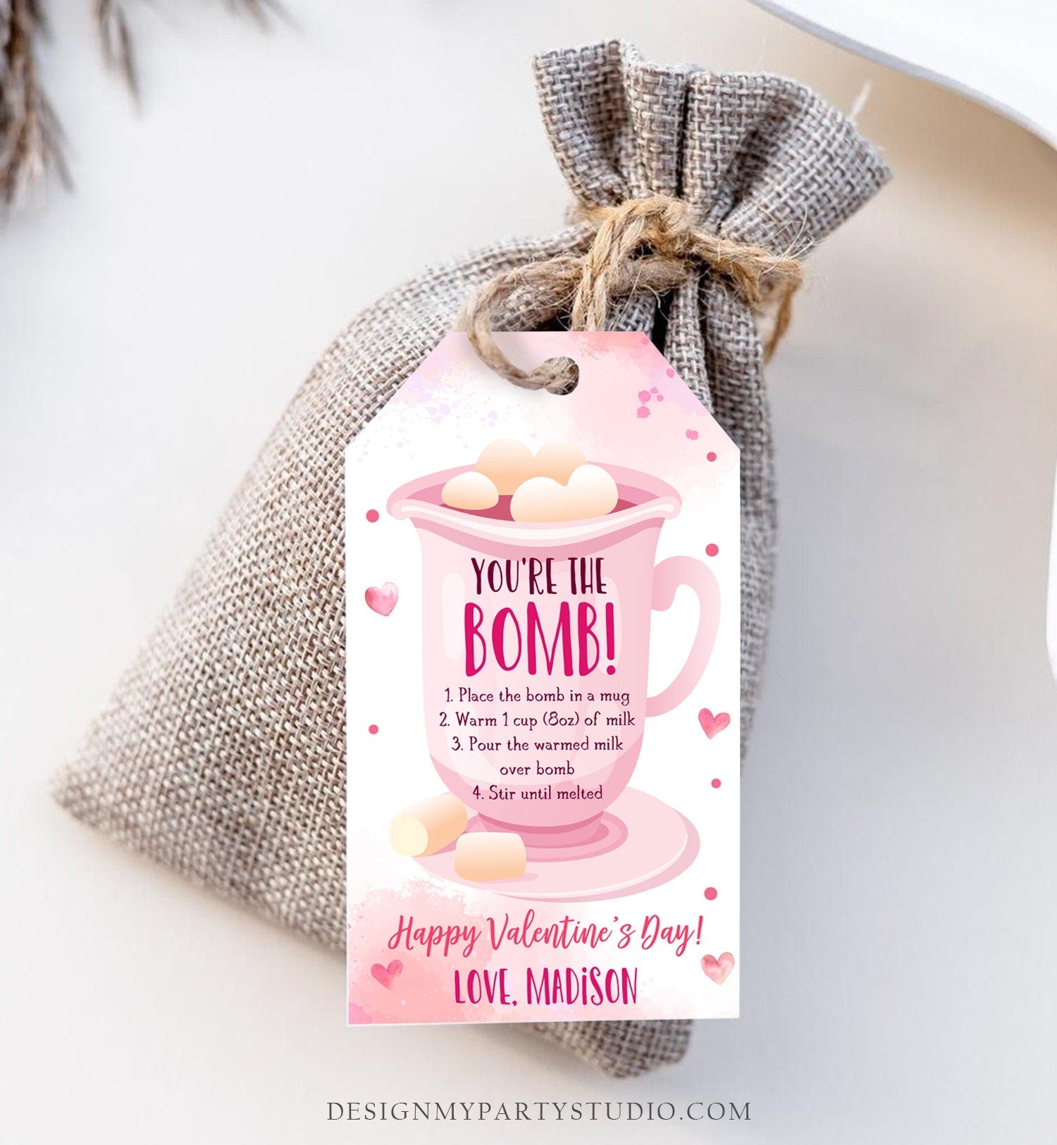 Editable Hot Chocolate Bomb Tag Valentine's Day Hot Cocoa Bomb You're The Bomb Heart Pink Valentine Gift Tag Digital Download Printable 0370