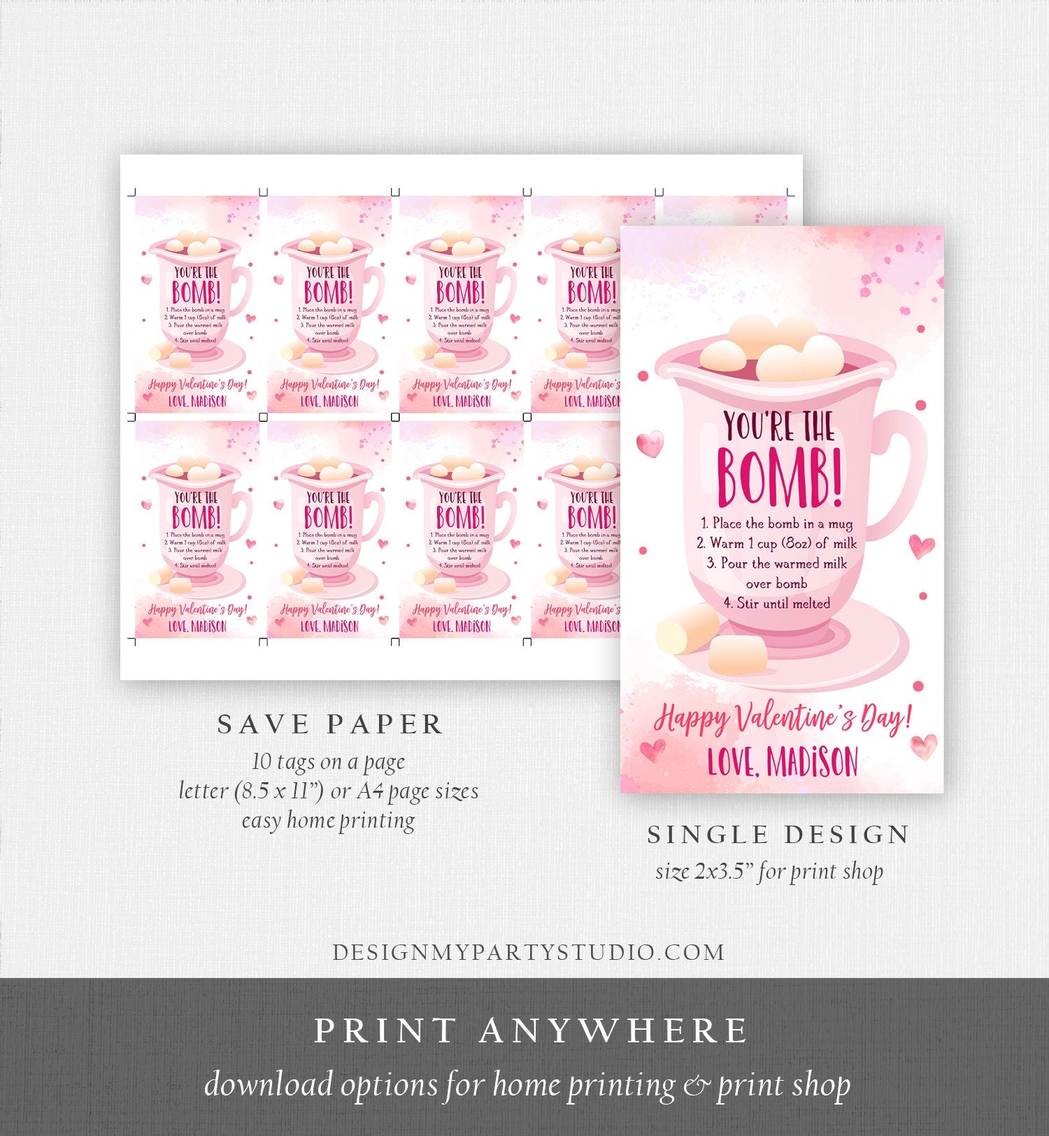 Editable Hot Chocolate Bomb Tag Valentine's Day Hot Cocoa Bomb You're The Bomb Heart Pink Valentine Gift Tag Digital Download Printable 0370
