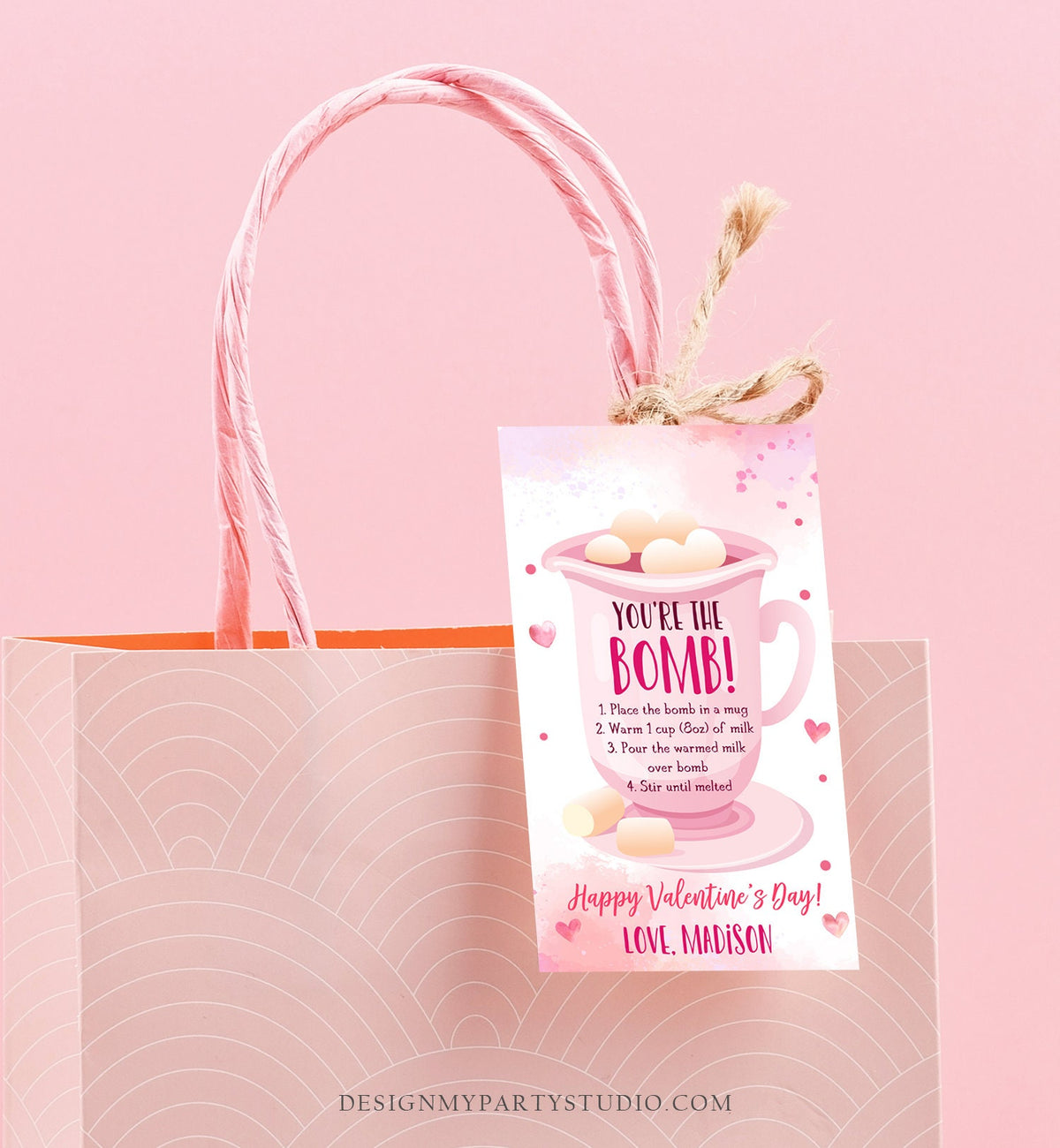 Editable Hot Chocolate Bomb Tag Valentine&#39;s Day Hot Cocoa Bomb You&#39;re The Bomb Heart Pink Valentine Gift Tag Digital Download Printable 0370