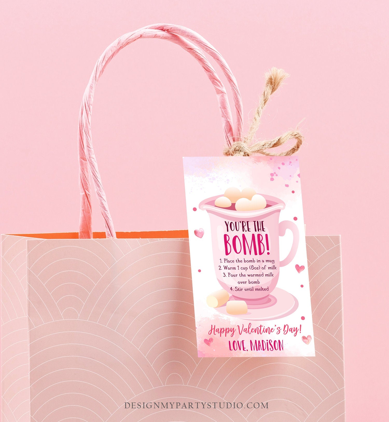 Editable Hot Chocolate Bomb Tag Valentine's Day Hot Cocoa Bomb You're The Bomb Heart Pink Valentine Gift Tag Digital Download Printable 0370