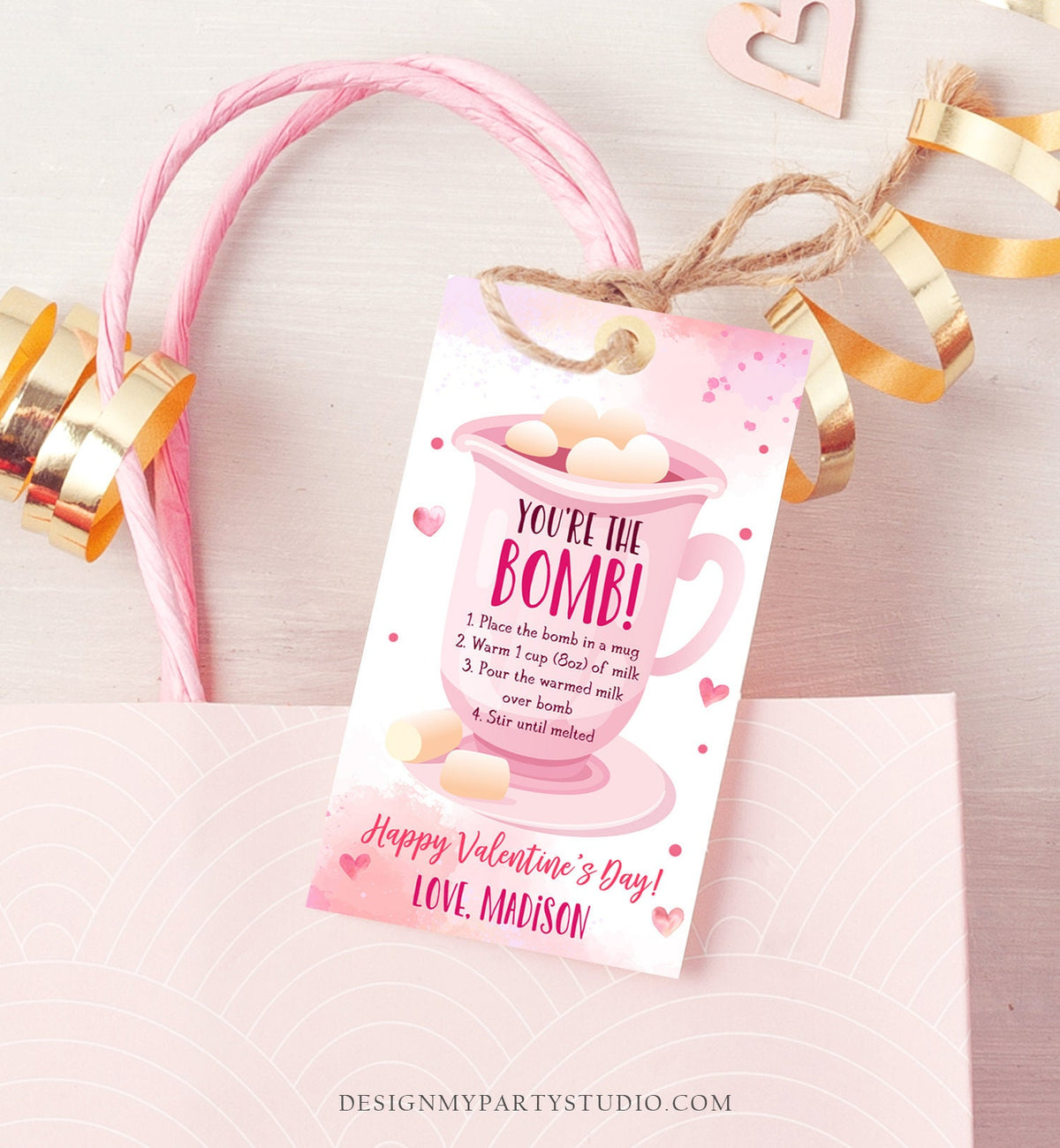 Editable Hot Chocolate Bomb Tag Valentine&#39;s Day Hot Cocoa Bomb You&#39;re The Bomb Heart Pink Valentine Gift Tag Digital Download Printable 0370