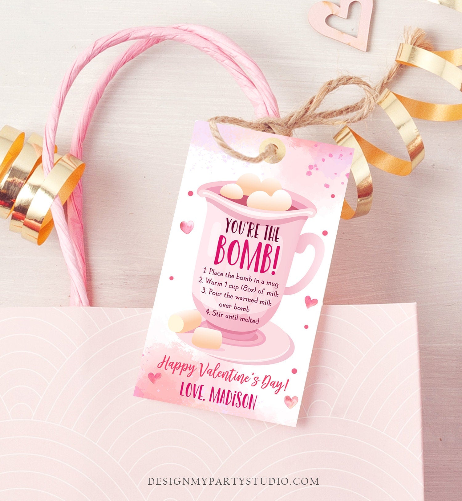 Editable Hot Chocolate Bomb Tag Valentine's Day Hot Cocoa Bomb You're The Bomb Heart Pink Valentine Gift Tag Digital Download Printable 0370