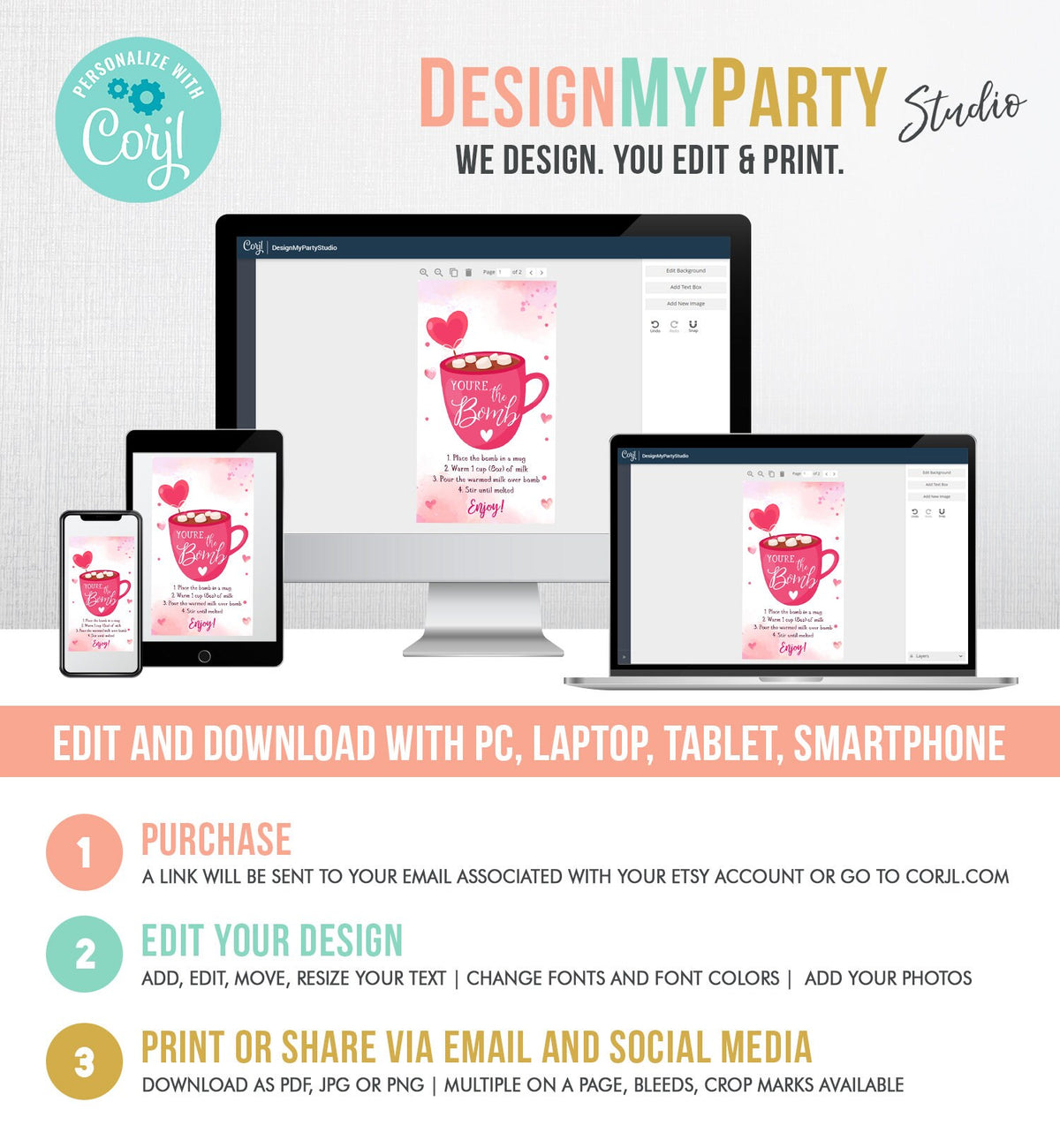 Editable Hot Chocolate Bomb Tag Valentine&#39;s Day Hot Cocoa Bomb You&#39;re The Bomb Heart Pink Valentine Gift Tag Digital Download Printable 0370