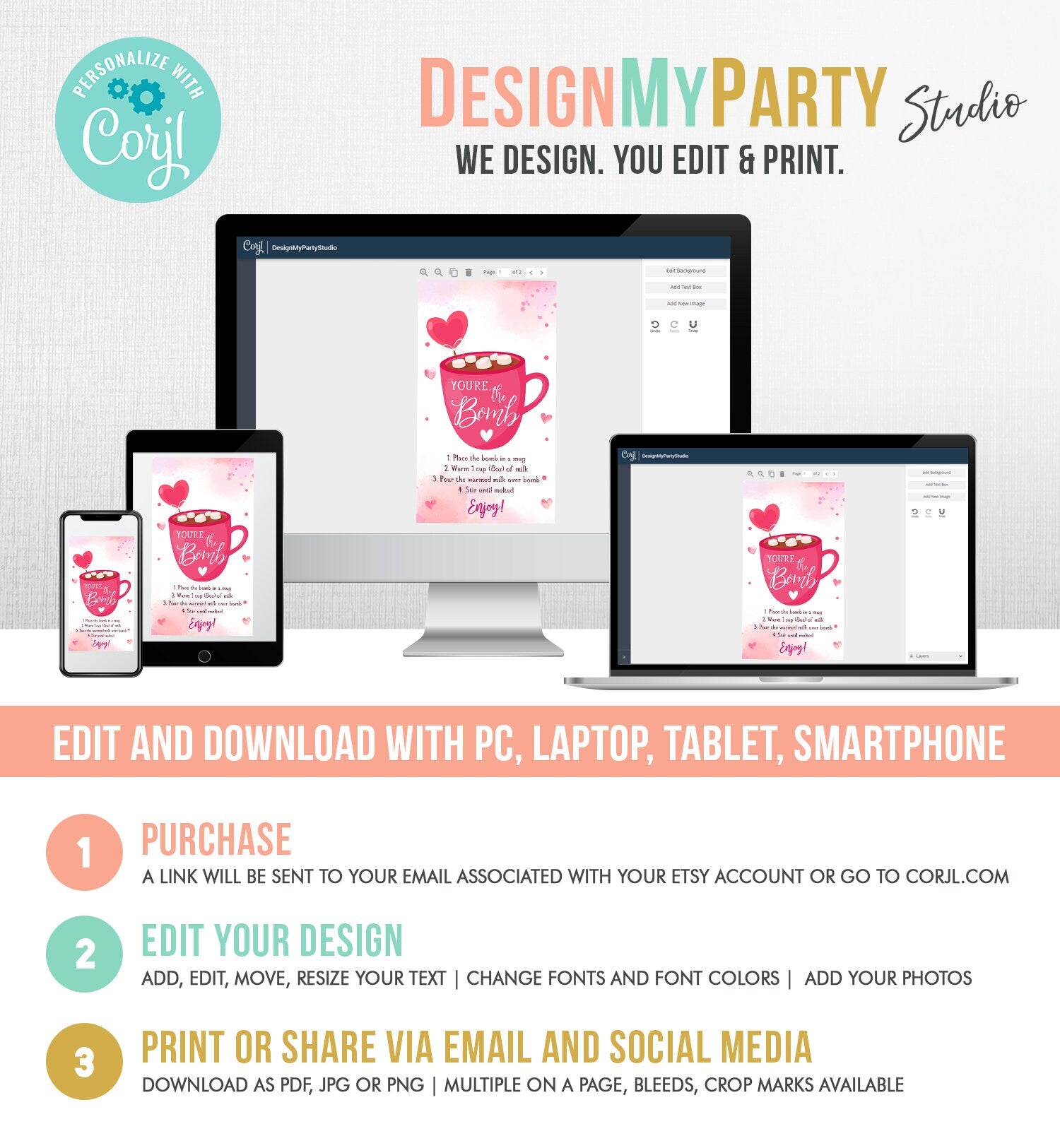 Editable Hot Chocolate Bomb Tag Valentine's Day Hot Cocoa Bomb You're The Bomb Heart Pink Valentine Gift Tag Digital Download Printable 0370