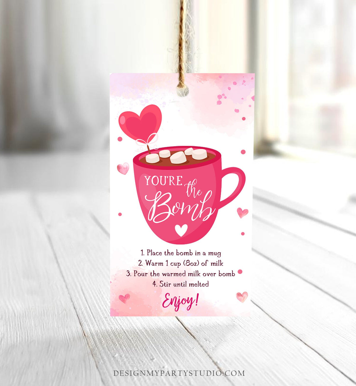 Editable Hot Chocolate Bomb Tag Valentine&#39;s Day Hot Cocoa Bomb You&#39;re The Bomb Heart Pink Valentine Gift Tag Digital Download Printable 0370