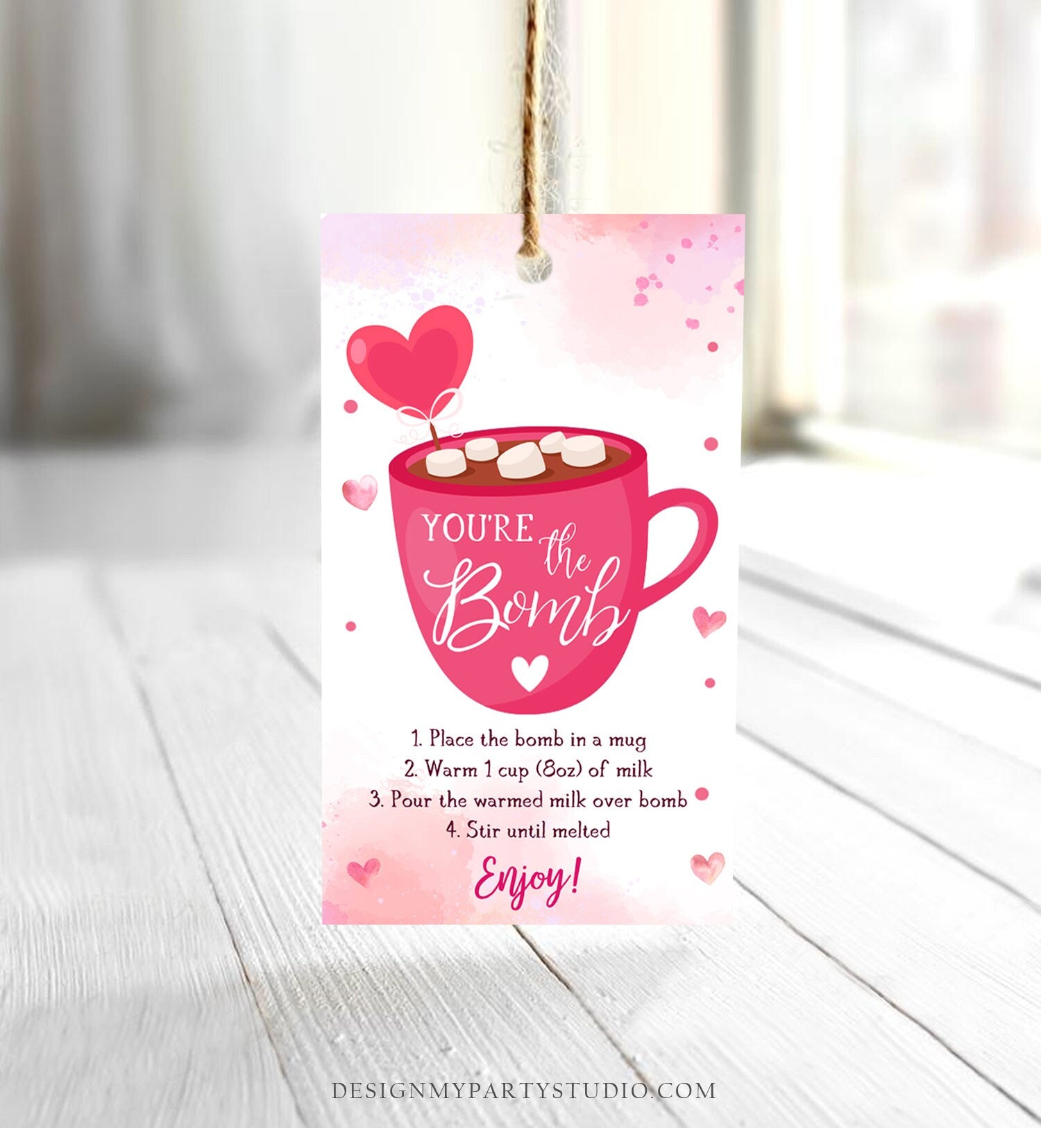 Editable Hot Chocolate Bomb Tag Valentine's Day Hot Cocoa Bomb You're The Bomb Heart Pink Valentine Gift Tag Digital Download Printable 0370
