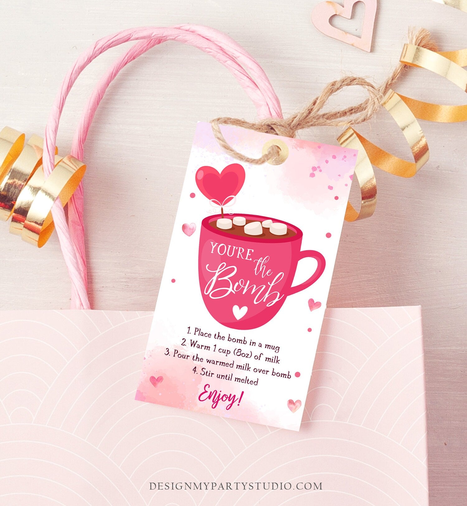 Editable Hot Chocolate Bomb Tag Valentine's Day Hot Cocoa Bomb You're The Bomb Heart Pink Valentine Gift Tag Digital Download Printable 0370