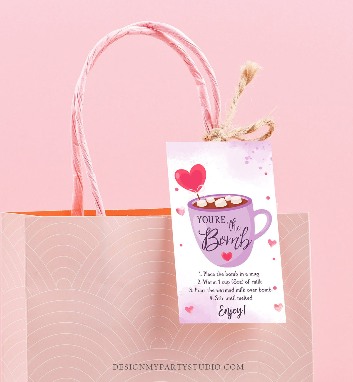 Editable Hot Chocolate Bomb Tag Valentine&#39;s Day Hot Cocoa Bomb You&#39;re The Bomb Heart Purple Valentine Gift Digital Download Printable 0370