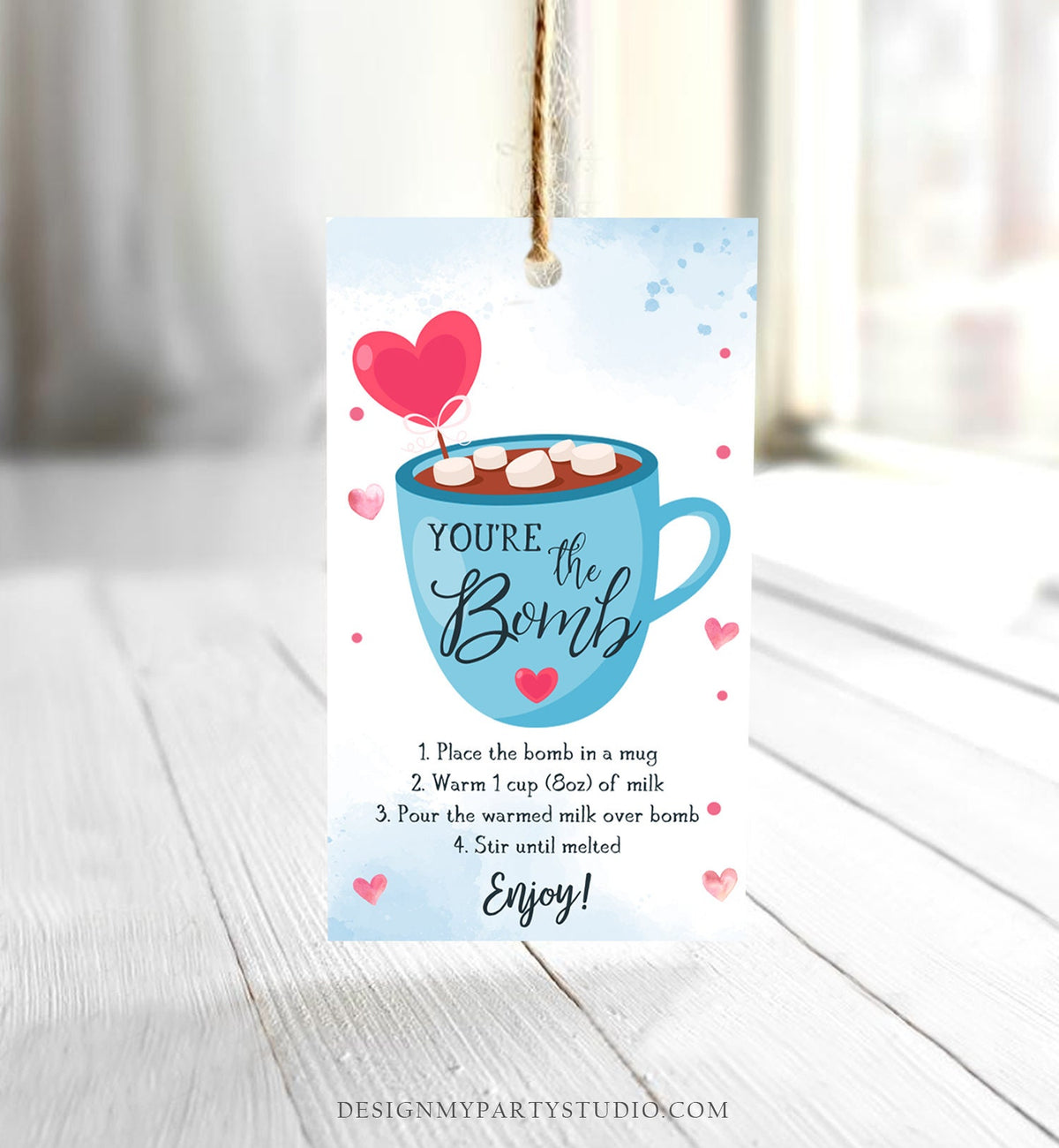 Editable Hot Chocolate Bomb Tag Valentine&#39;s Day Hot Cocoa Bomb You&#39;re The Bomb Heart Blue Valentine Gift Digital Download Printable 0370