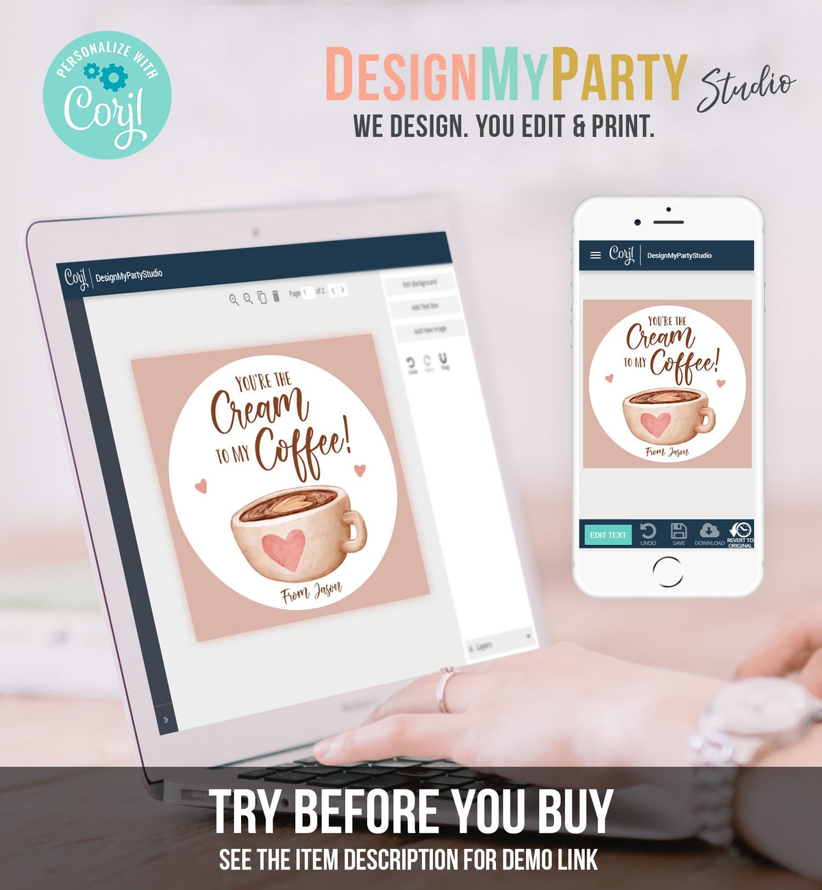 Editable Valentine&#39;s Day Cookie Tag Coffee Cookies Tag Love You A Latte Sticker Cream To My Coffee Valentine Tag Digital PRINTABLE 0370
