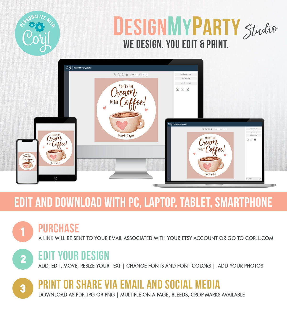 Editable Valentine&#39;s Day Cookie Tag Coffee Cookies Tag Love You A Latte Sticker Cream To My Coffee Valentine Tag Digital PRINTABLE 0370