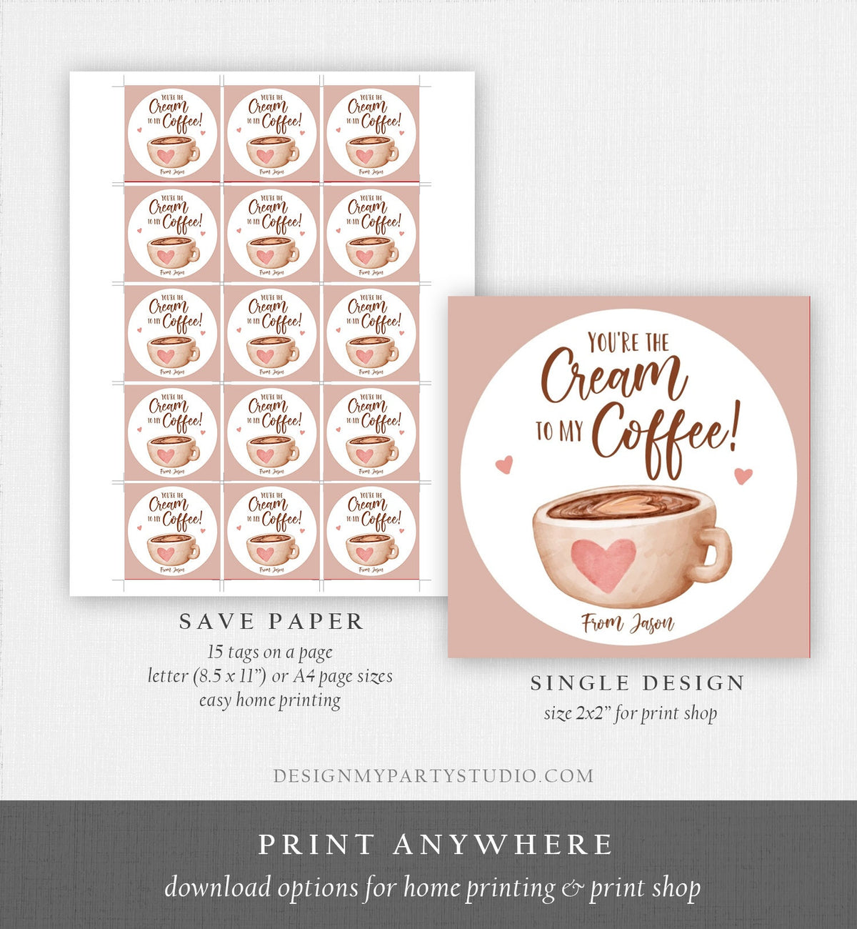 Editable Valentine&#39;s Day Cookie Tag Coffee Cookies Tag Love You A Latte Sticker Cream To My Coffee Valentine Tag Digital PRINTABLE 0370