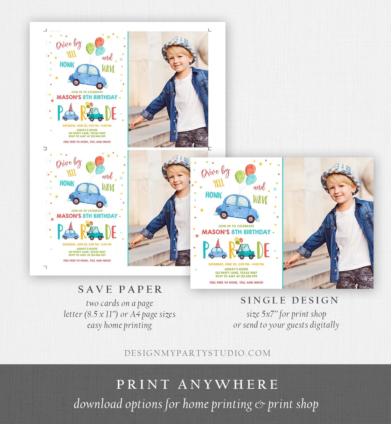 Editable Drive By Birthday Parade Invitation Balloons Rainbow Party Honk Wave Car Boy Blue Drive Through Download Corjl Template 0333