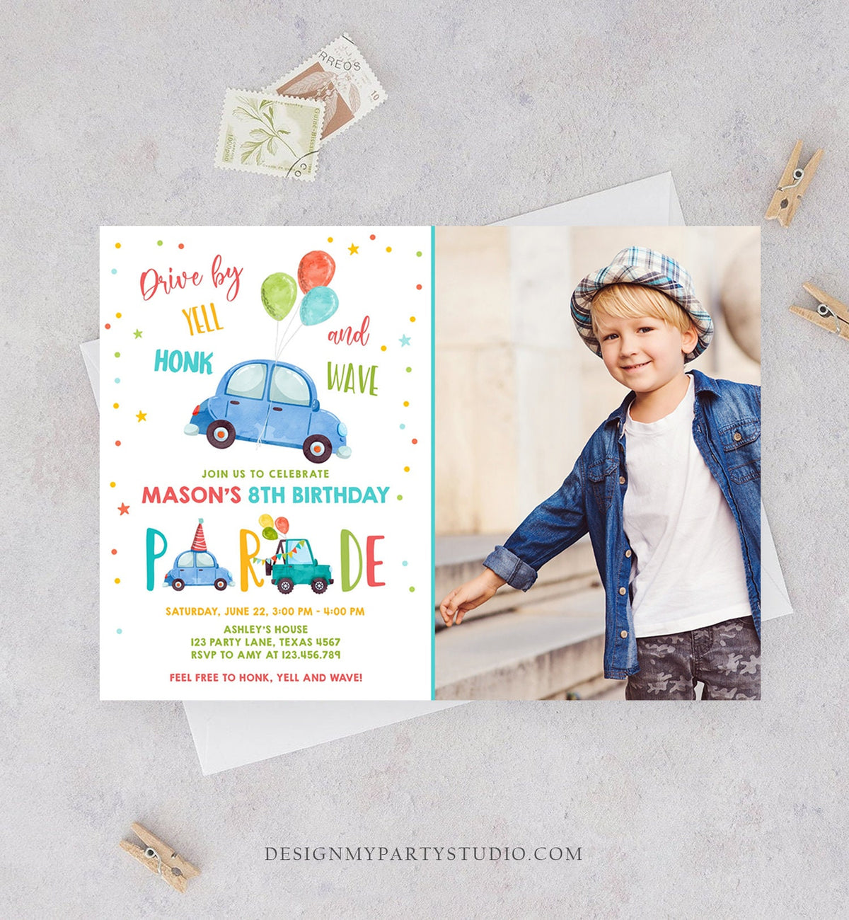Editable Drive By Birthday Parade Invitation Balloons Rainbow Party Honk Wave Car Boy Blue Drive Through Download Corjl Template 0333