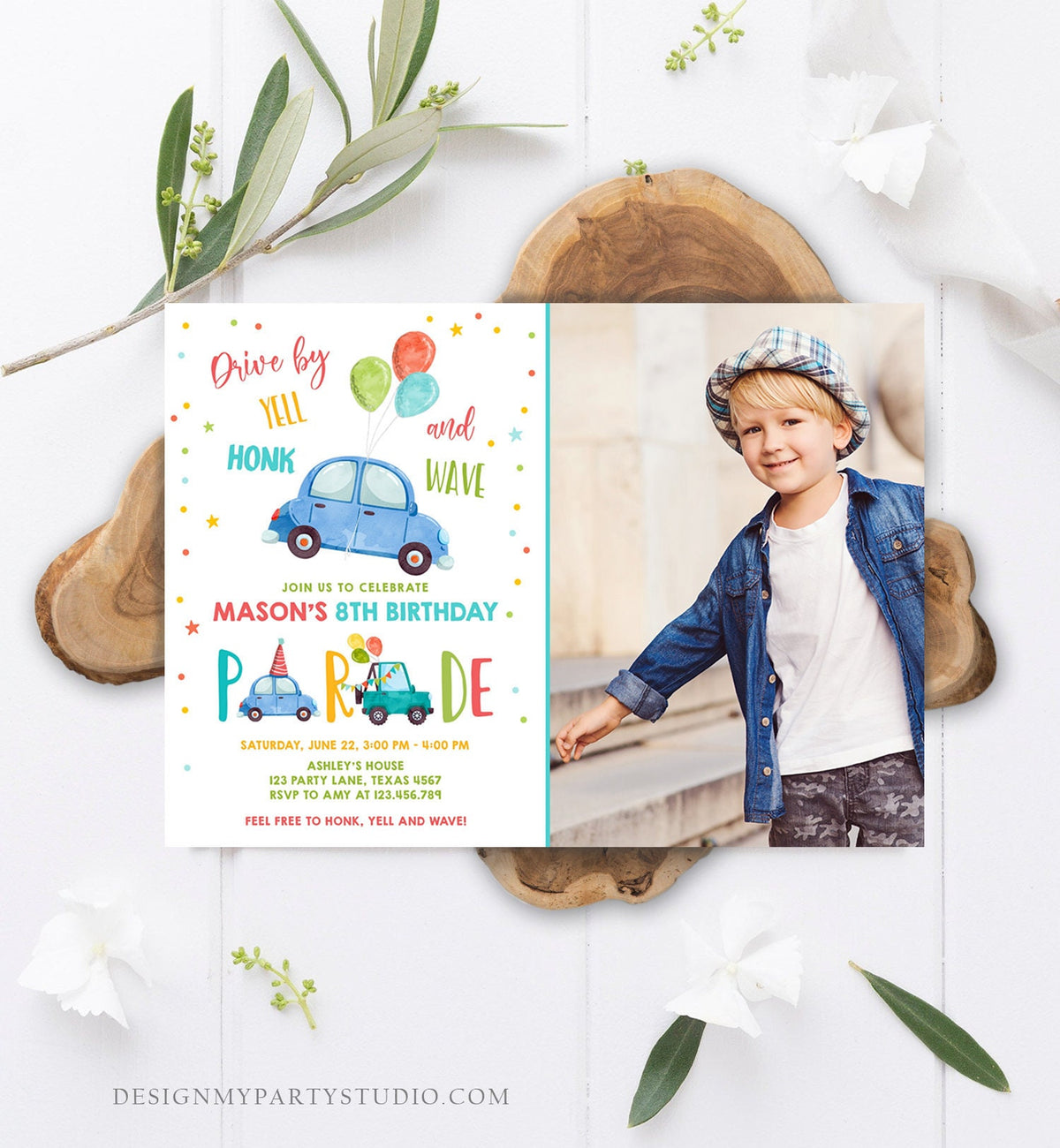 Editable Drive By Birthday Parade Invitation Balloons Rainbow Party Honk Wave Car Boy Blue Drive Through Download Corjl Template 0333