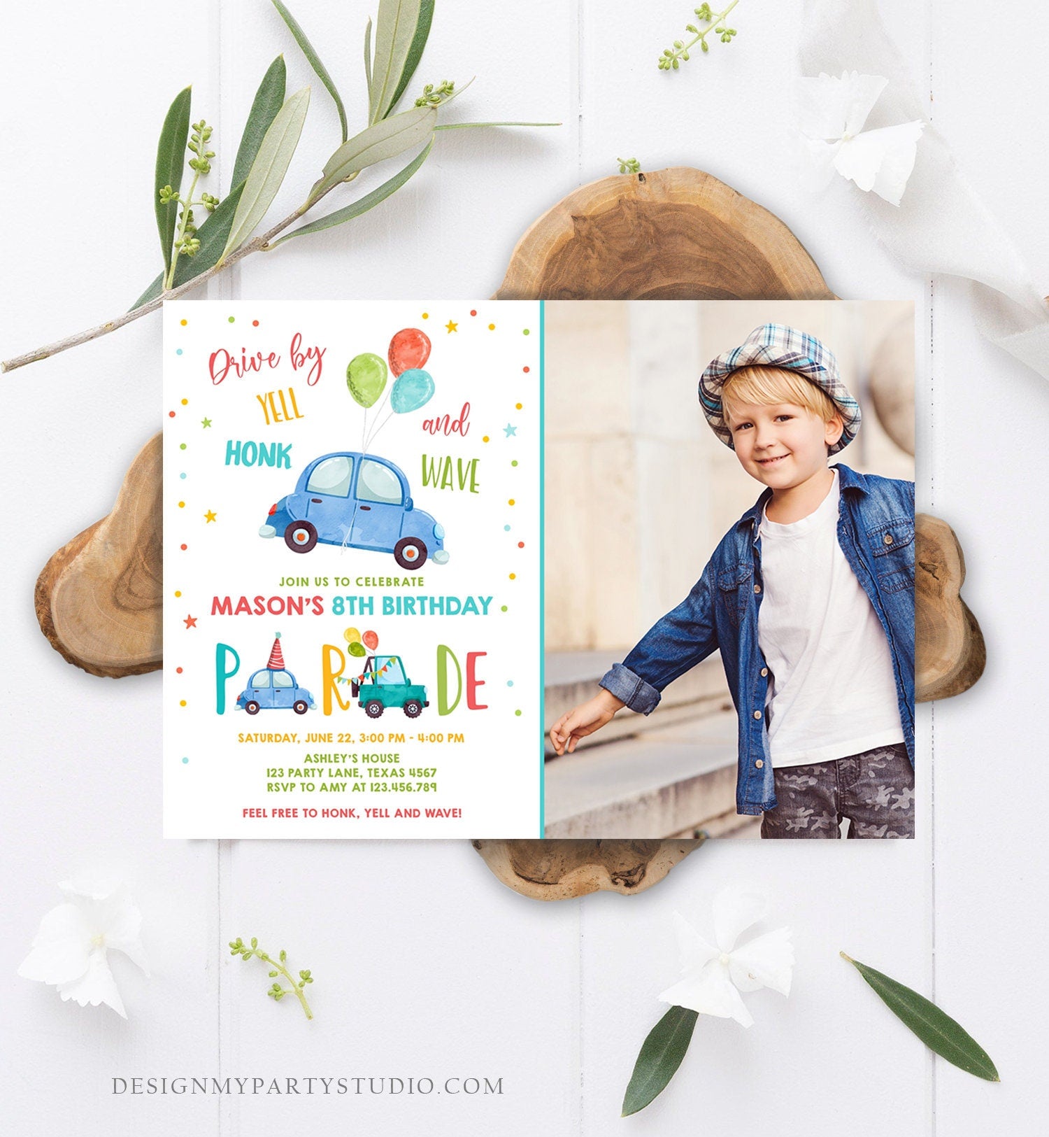 Editable Drive By Birthday Parade Invitation Balloons Rainbow Party Honk Wave Car Boy Blue Drive Through Download Corjl Template 0333