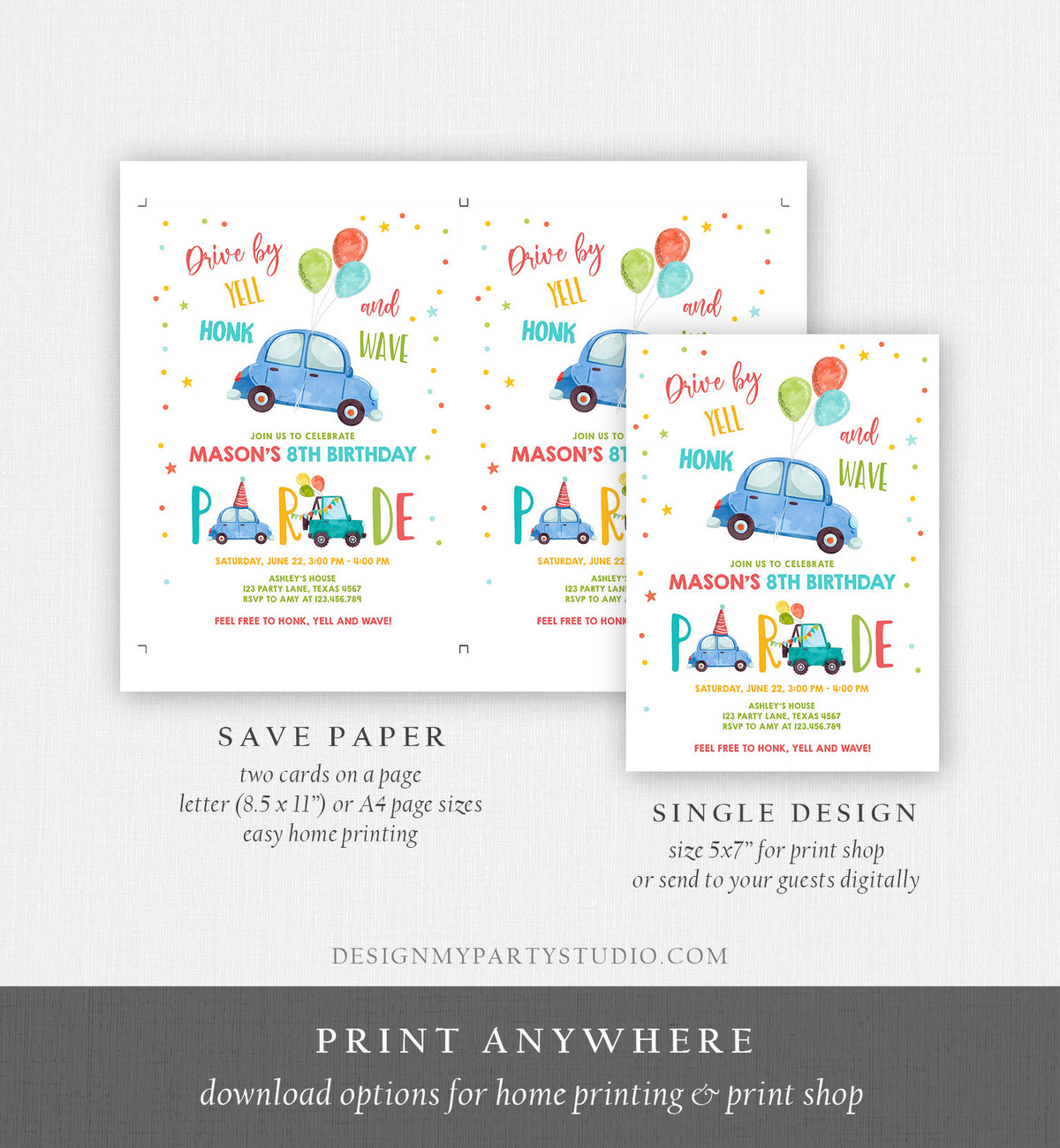 Editable Drive By Birthday Parade Invitation Balloons Rainbow Party Honk Wave Car Boy Blue Drive Through Download Corjl Template 0333
