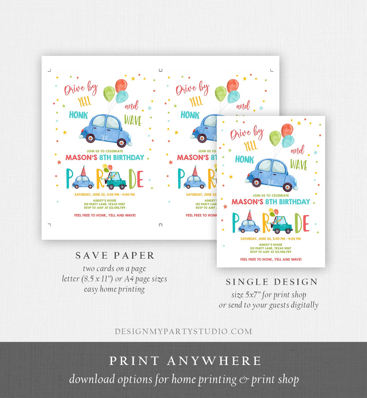 Editable Drive By Birthday Parade Invitation Balloons Rainbow Party Honk Wave Car Boy Blue Drive Through Download Corjl Template 0333