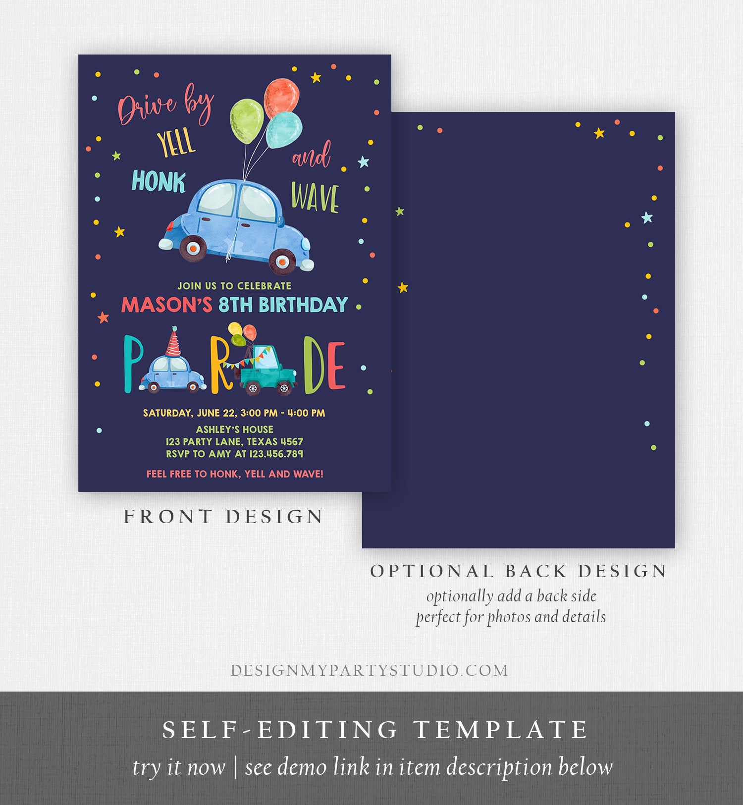 Editable Drive By Birthday Parade Invitation Balloons Rainbow Party Honk Wave Car Boy Blue Drive Through Download Corjl Template 0333