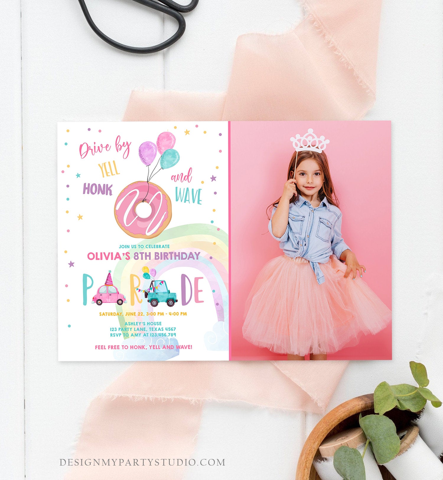 Editable Donut Drive By Birthday Parade Invitation Balloons Rainbow Party Honk Wave Car Girl Pink Drive Through Download Corjl Template 0343