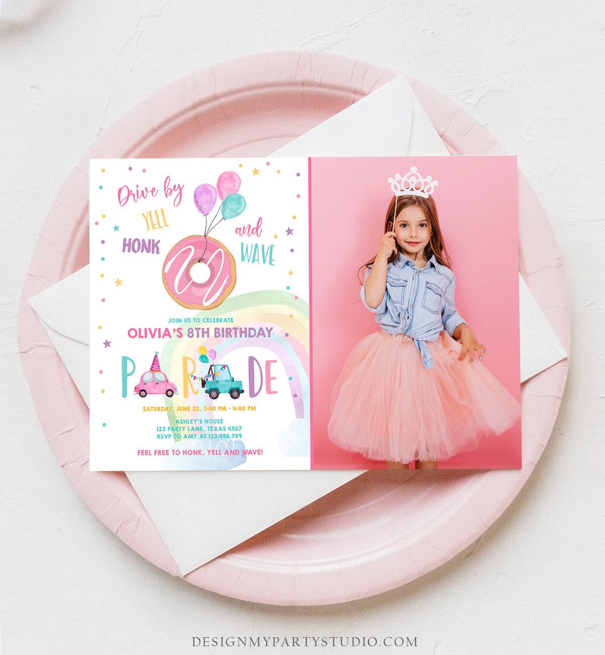 Editable Donut Drive By Birthday Parade Invitation Balloons Rainbow Party Honk Wave Car Girl Pink Drive Through Download Corjl Template 0343