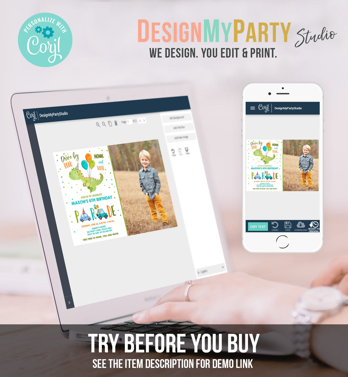 Editable Dinosaur Drive By Birthday Parade Invitation Virtual Party Invite Honk Wave Car Boy Dino Quarantine Download Digital Corjl 0340