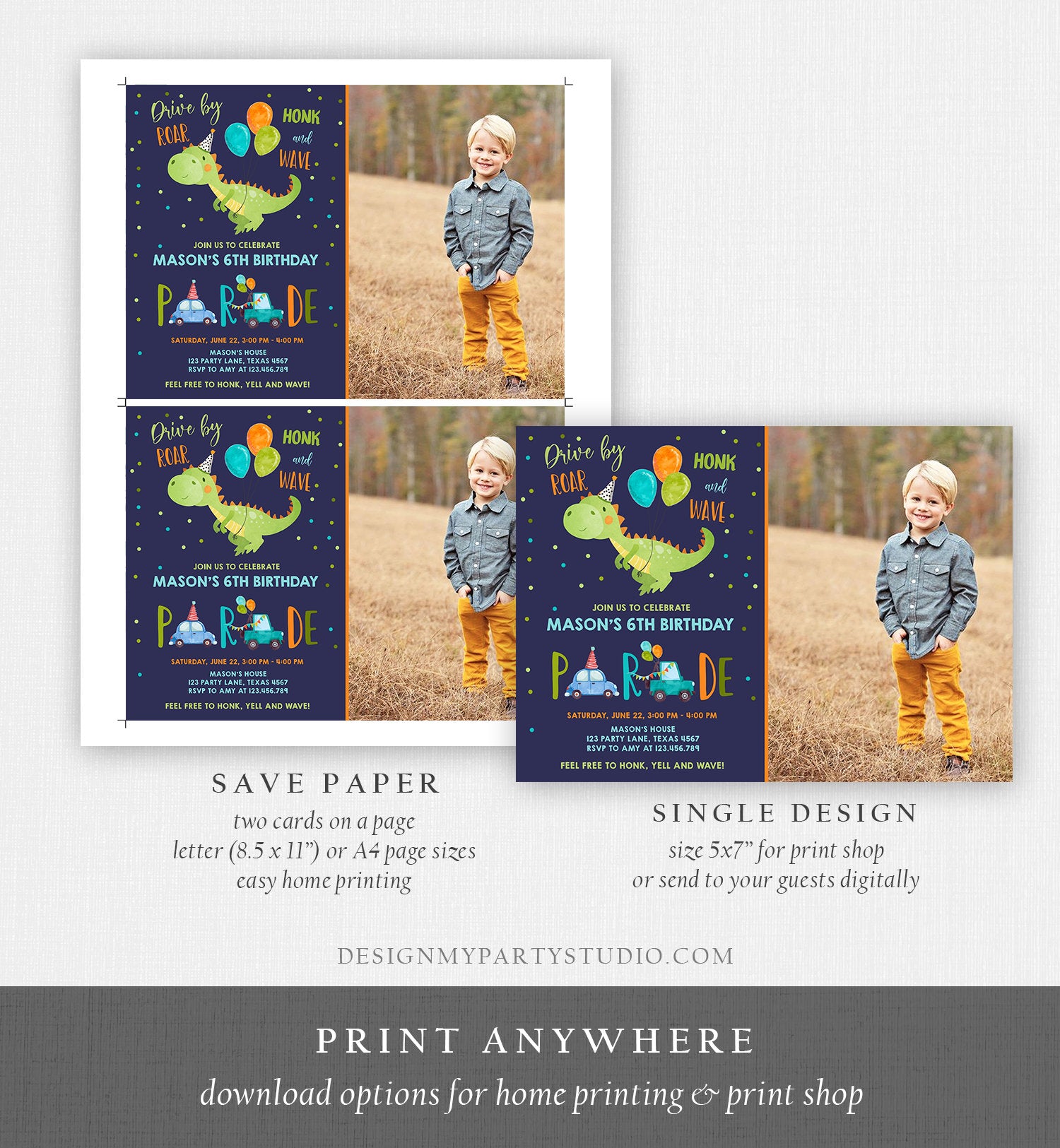 Editable Dinosaur Drive By Birthday Parade Invitation Virtual Party Invite Honk Wave Car Boy Dino Quarantine Download Digital Corjl 0340