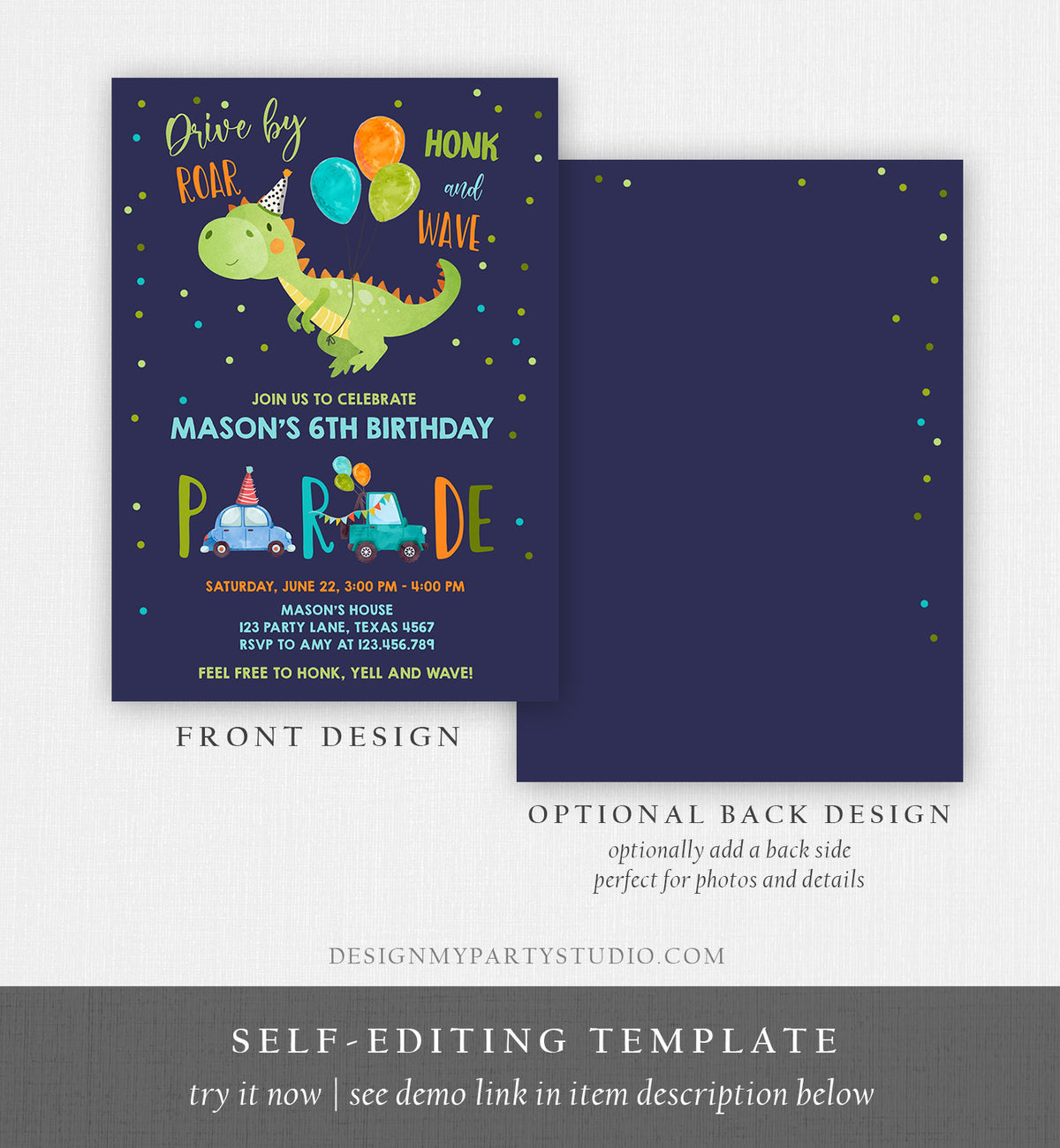 Editable Dinosaur Drive By Birthday Parade Invitation Virtual Party Invite Honk Wave Car Boy Dino Quarantine Download Digital Corjl 0340