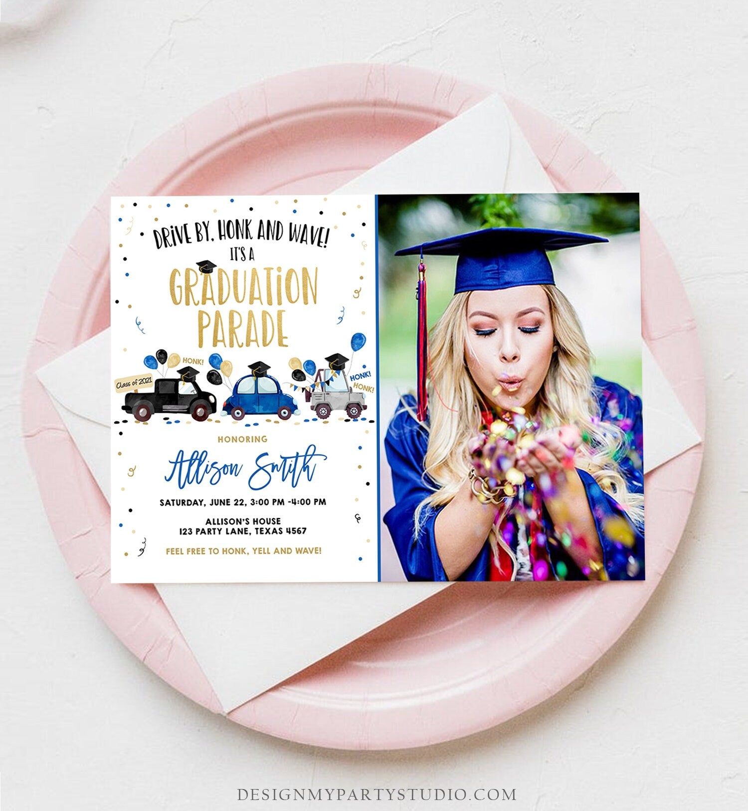 Editable Drive By Graduation Parade Invitation Virtual Party Navy Blue Girl Boy Graduate High School Grad Class 2021 Digital Corjl 0337