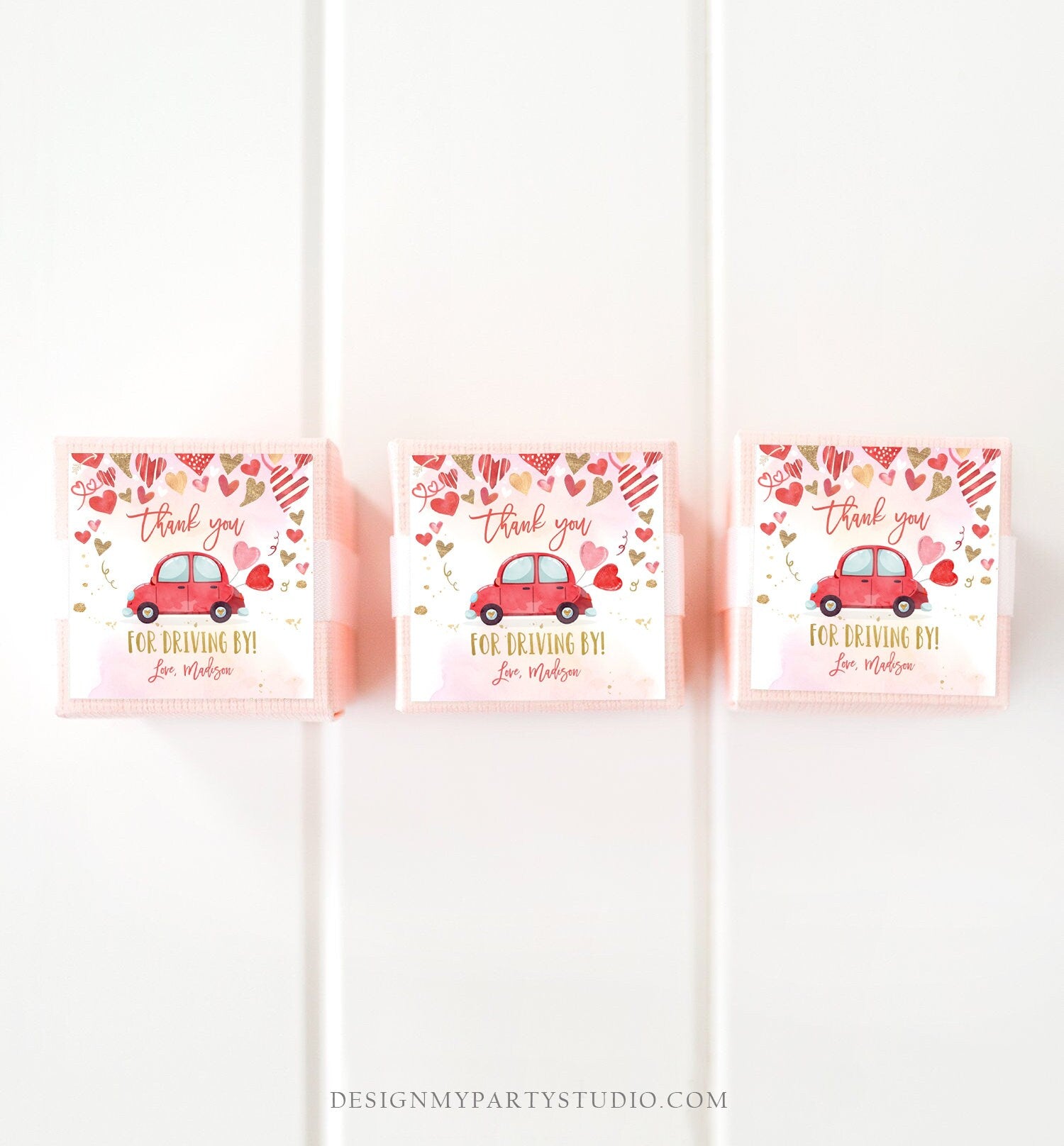 Editable Drive By Favor Tag Valentine Hearts Birthday Parade Drive Through Favors Party Thank You Red Pink Car Corjl Template Printable 0371