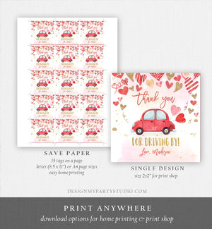 Editable Drive By Favor Tag Valentine Hearts Birthday Parade Drive Through Favors Party Thank You Red Pink Car Corjl Template Printable 0371