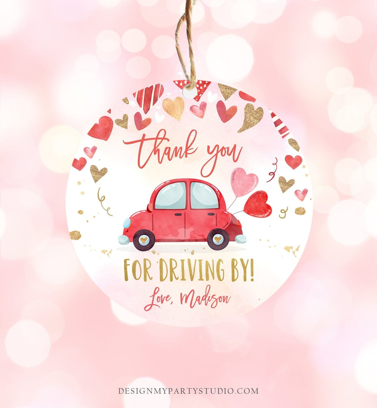 Editable Drive By Favor Tag Valentine Hearts Birthday Parade Drive Through Favors Party Thank You Red Pink Car Corjl Template Printable 0371