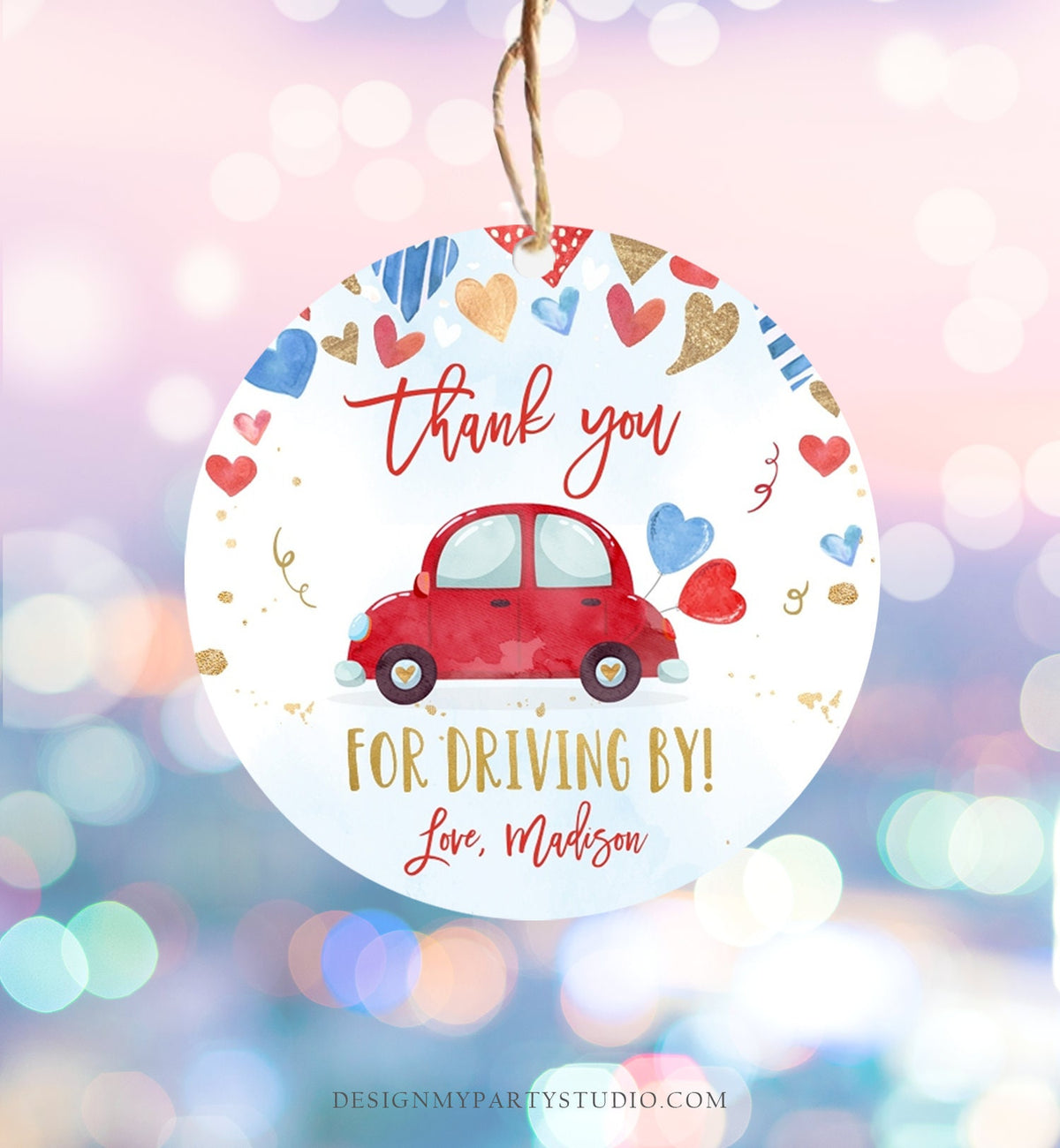 Editable Drive By Favor Tag Valentine Hearts Birthday Parade Drive Through Favors Party Thank You Red Blue Car Corjl Template Printable 0371