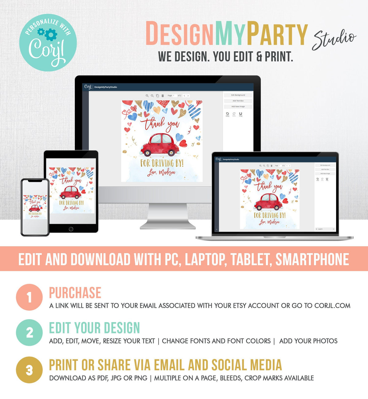 Editable Drive By Favor Tag Valentine Hearts Birthday Parade Drive Through Favors Party Thank You Red Blue Car Corjl Template Printable 0371