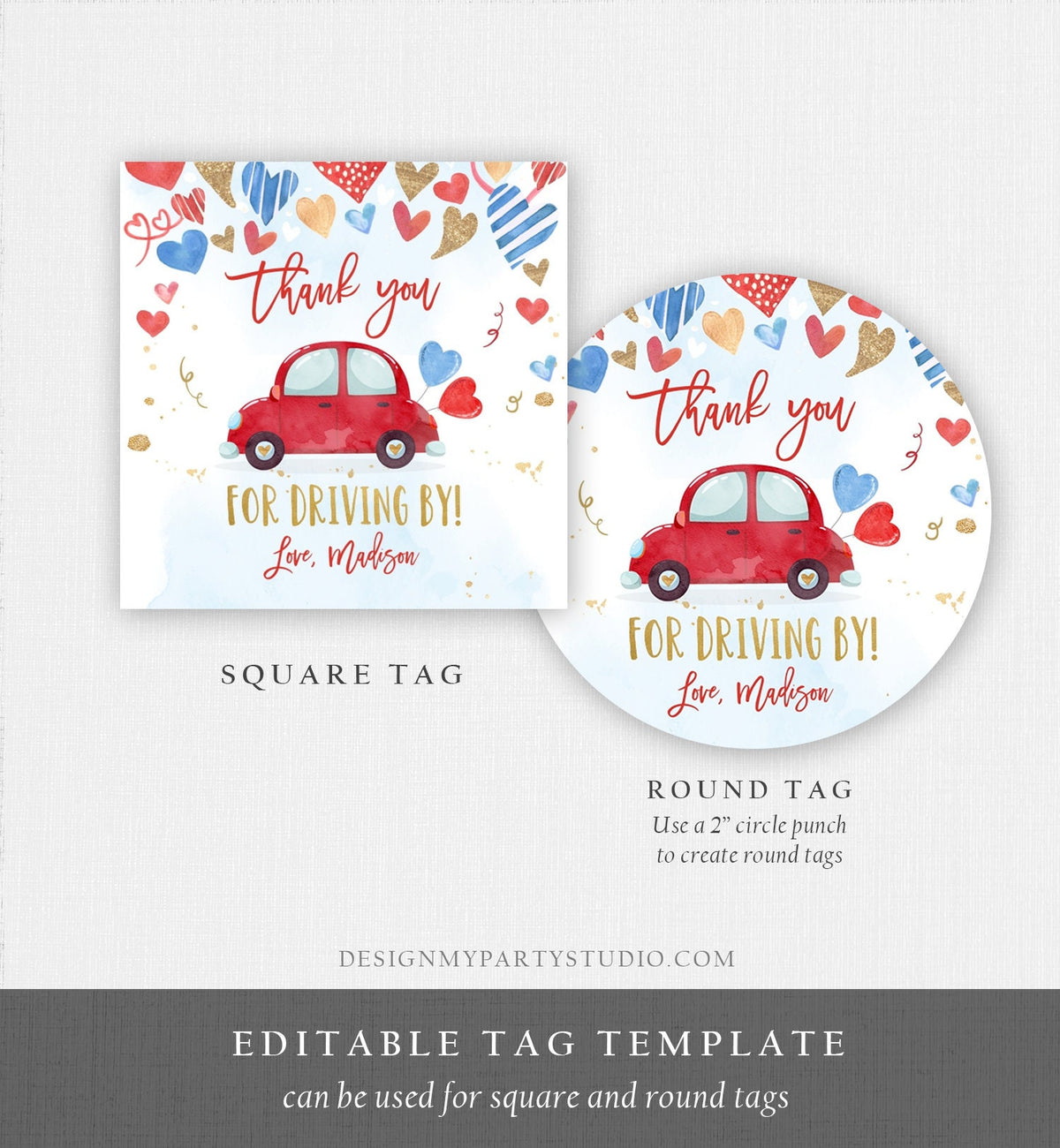 Editable Drive By Favor Tag Valentine Hearts Birthday Parade Drive Through Favors Party Thank You Red Blue Car Corjl Template Printable 0371