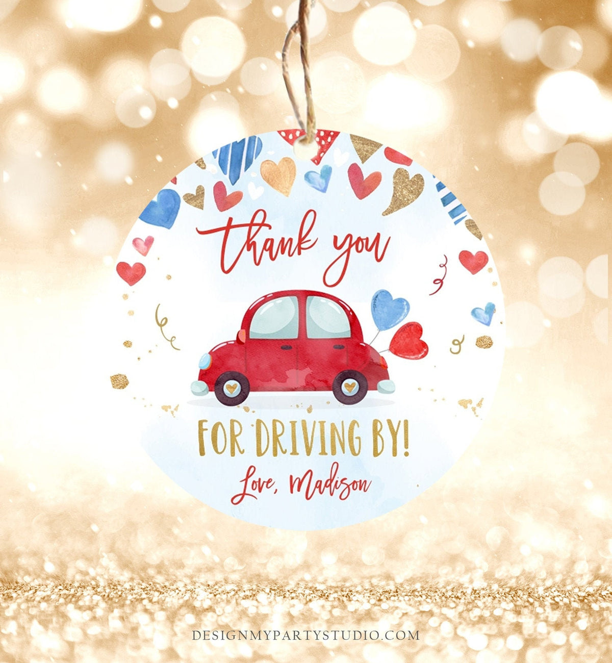 Editable Drive By Favor Tag Valentine Hearts Birthday Parade Drive Through Favors Party Thank You Red Blue Car Corjl Template Printable 0371