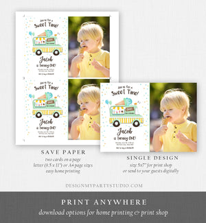 Editable Ice Cream Truck Birthday Invitation Ice Cream Birthday Party Cone Boy Girl Mint Yellow Summer Twin Corjl Template Printable 0243