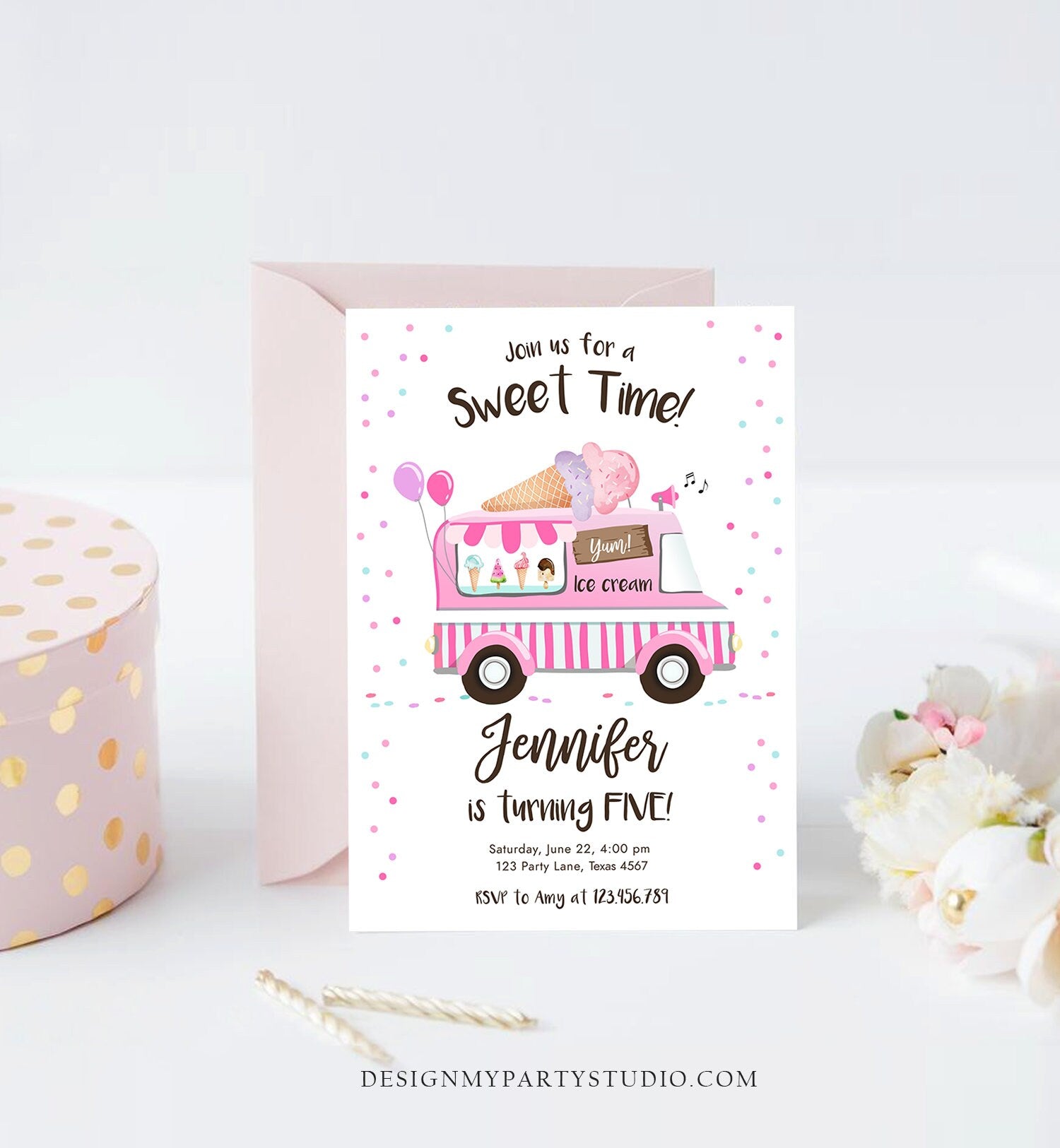 Editable Ice Cream Truck Birthday Invitation Ice Cream Birthday Party Cone Girl Pink Truck Sweet Summer Twin Corjl Template Printable 0243