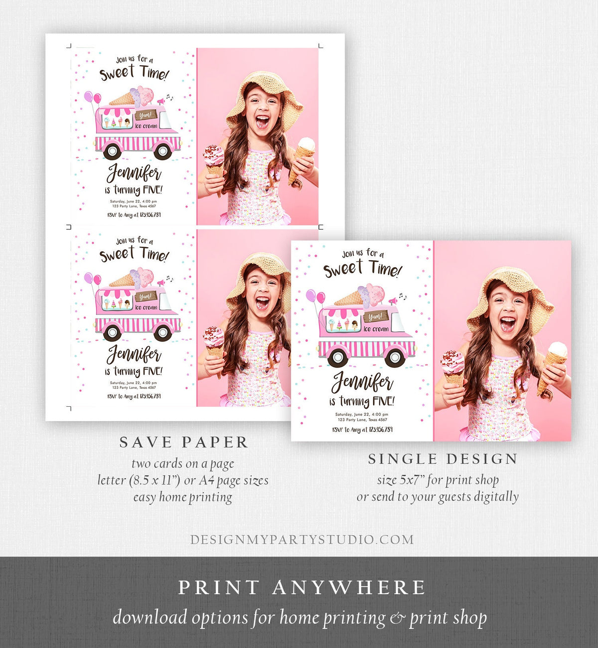 Editable Ice Cream Truck Birthday Invitation Ice Cream Birthday Party Cone Girl Pink Truck Sweet Summer Twin Corjl Template Printable 0243
