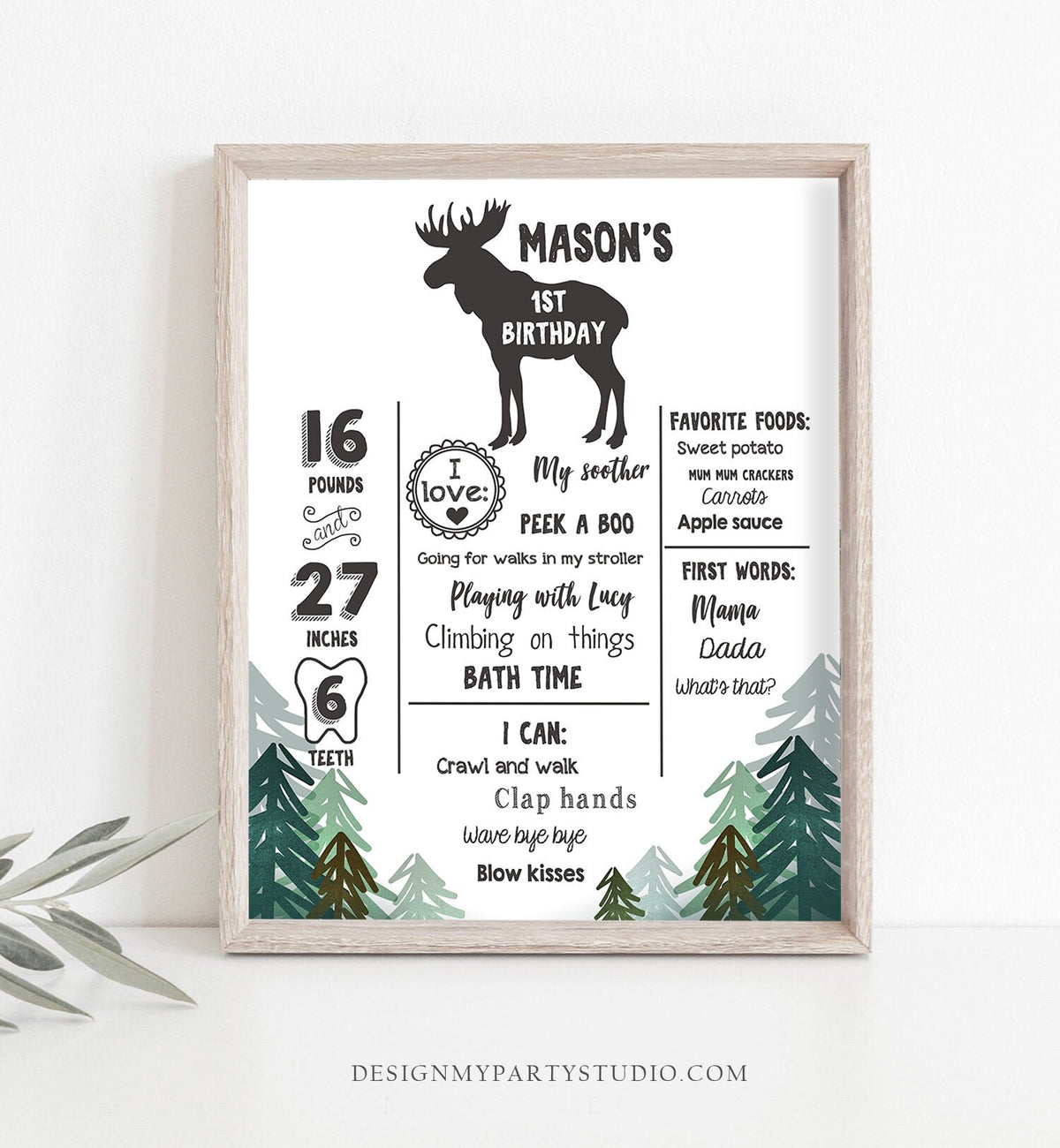 Editable Lumberjack Birthday Milestones Sign Wild One Stat Poster Infographic Woodland 1st Birthday Moose Template Printable Corjl 0377