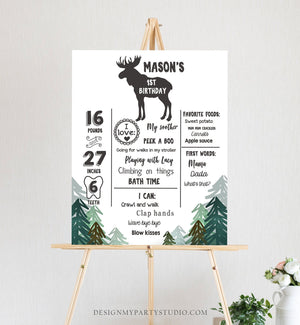 Editable Lumberjack Birthday Milestones Sign Wild One Stat Poster Infographic Woodland 1st Birthday Moose Template Printable Corjl 0377