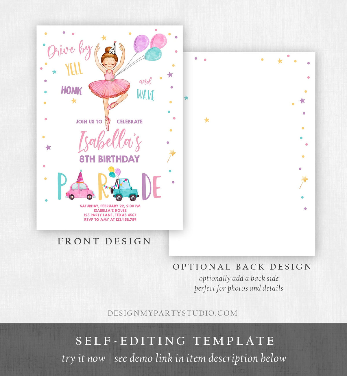 Editable Ballerina Drive By Birthday Parade Invitation Virtual Party Invite Ballet Tutu Car Girl Pink Quarantine Download Digital Corjl 0375
